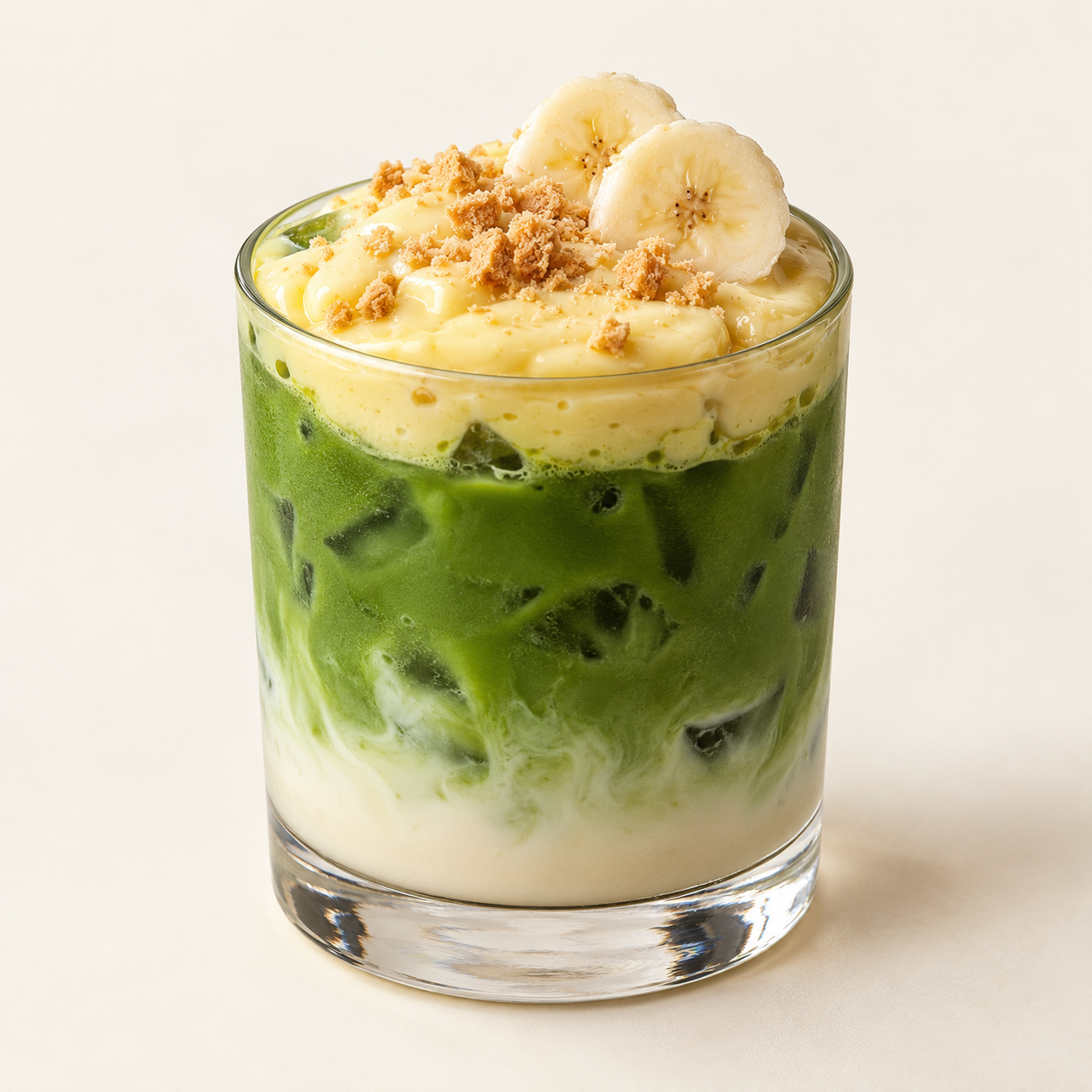 Banana Pudding Matcha topped with banana pudding, banana slices, and golden crumbs.