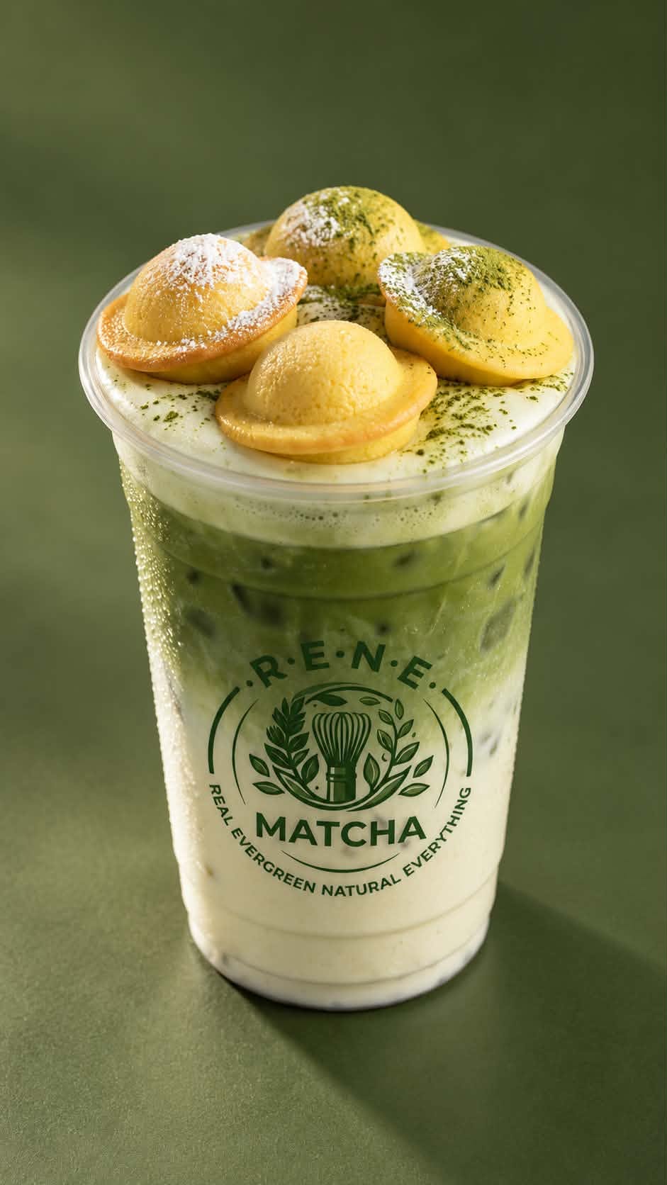 Matcha Kabayan Latte topped with mini kabayan cakes.