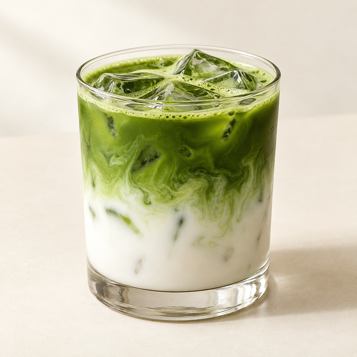 Iced Matcha Latte with green matcha, creamy milk, and clear ice cubes.