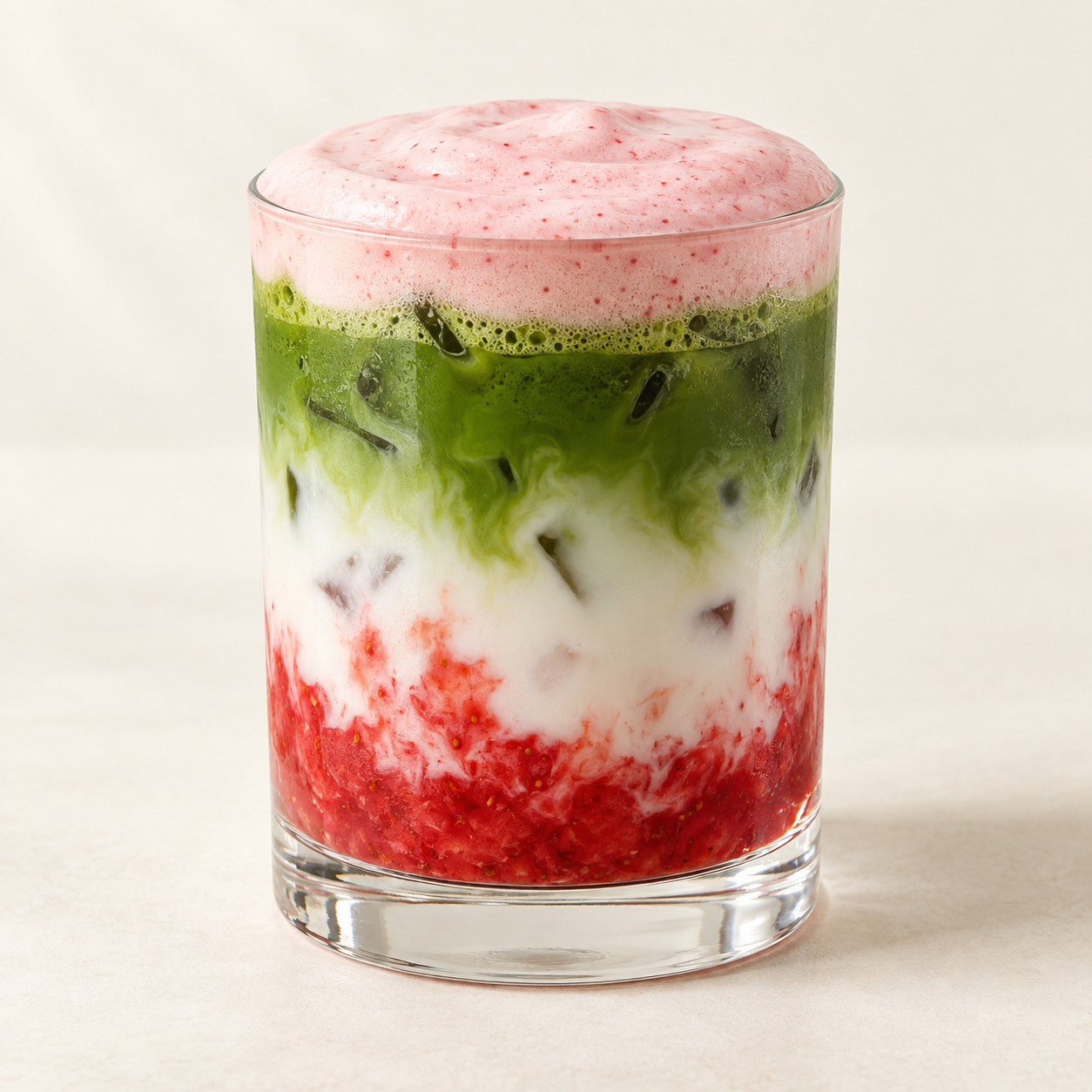 Strawberry Matcha Latte with red strawberry, white milk, green matcha, and pink foam.