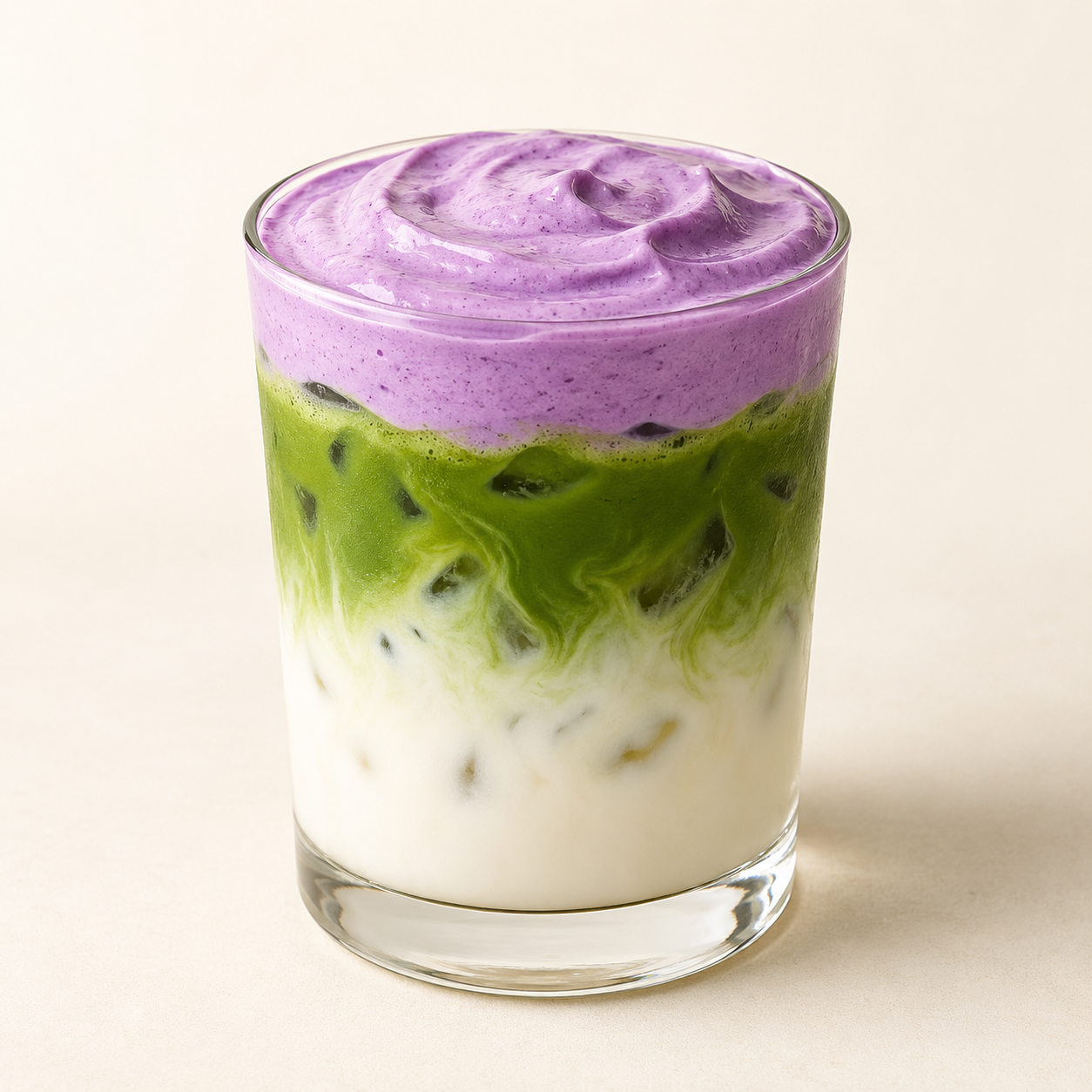 Ube Matcha Latte with creamy milk, green matcha, and a silky purple ube topping.
