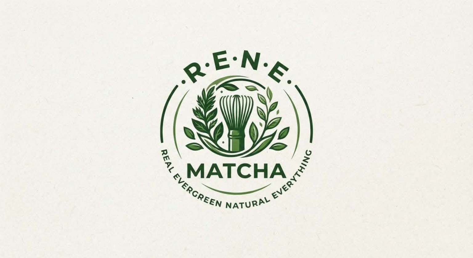 R.E.N.E. Matcha logo: a bamboo whisk surrounded by green leaves. Real Evergreen Natural Everything.